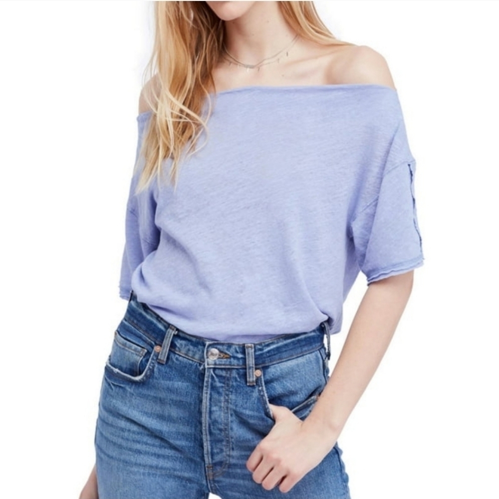 Free People Blue She's So Cool Off The Shoulder Linen Slouchy Tee
